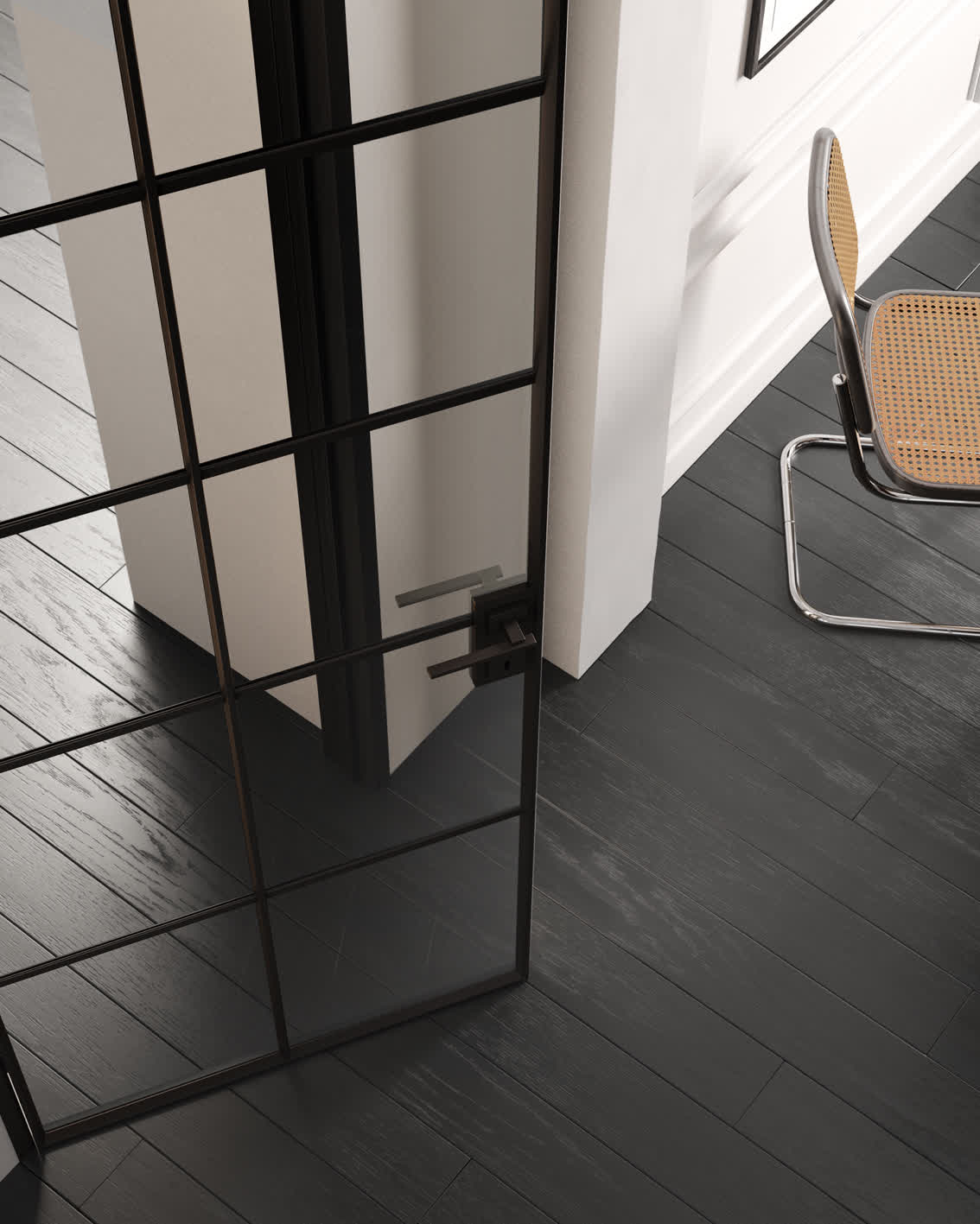 G LIKE BATTENTE CROSS telaio metallo nero parquet rovere profondo nero boiserie verticale rovere profondo nero part