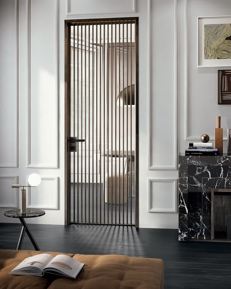 G LIKE BATTENTE VERT Profili e Maniglia Bronzo Parquet Rovere Nero Profondo