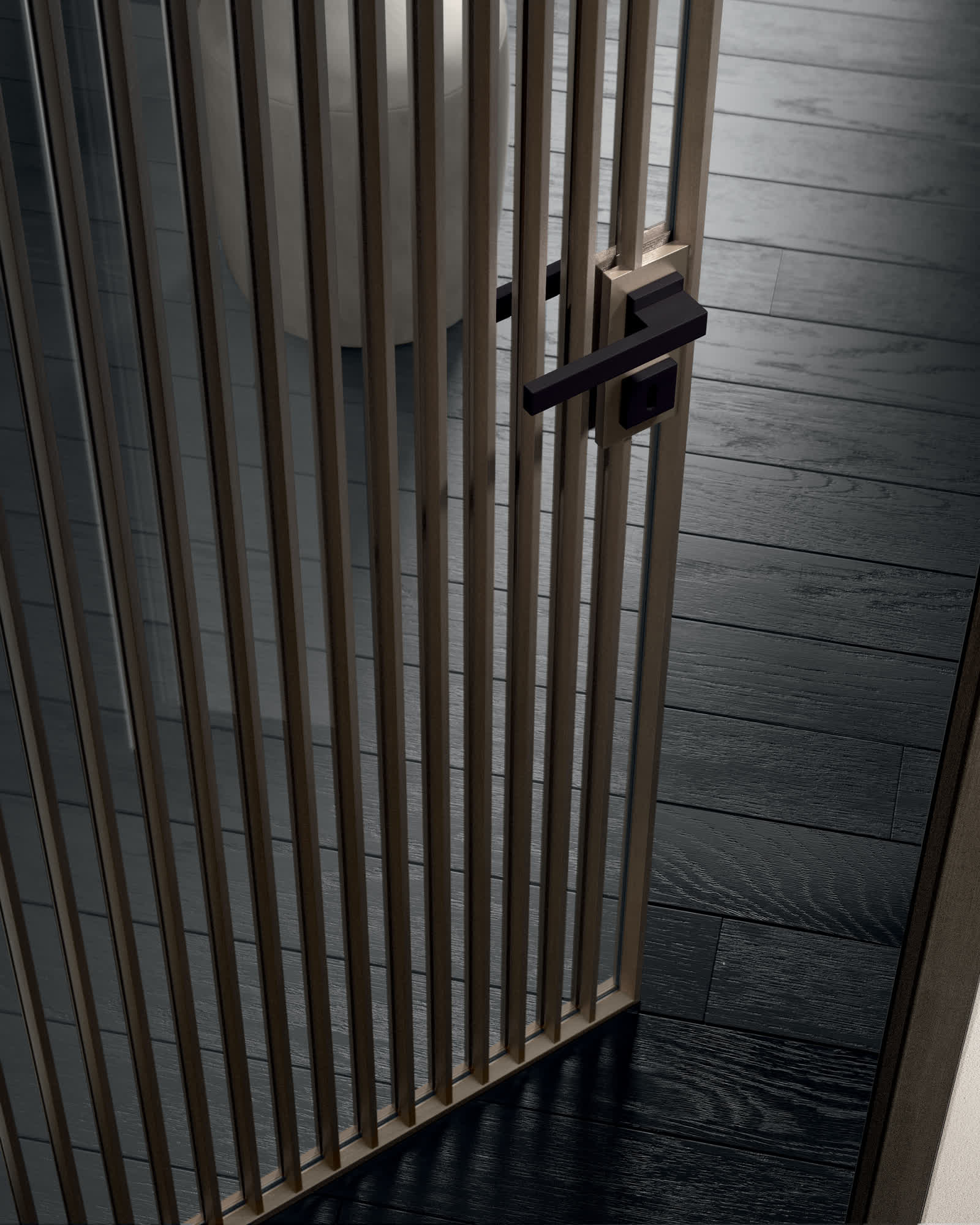 G LIKE BATTENTE VERT Profili e Maniglia Bronzo Parquet Rovere Nero Profondo CLOSE UP