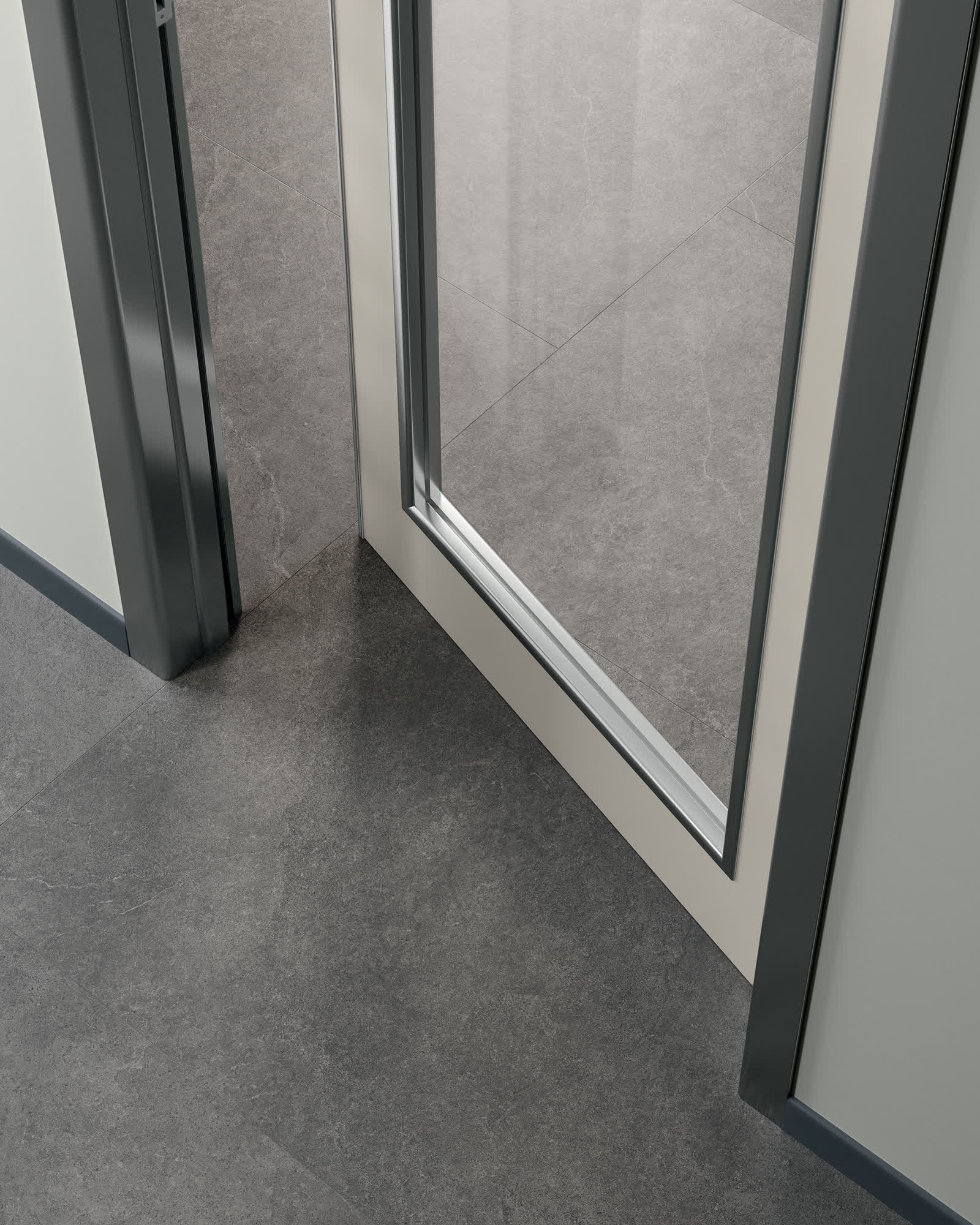 LIRIA Anta HPL Grigio Chiaro 478 con Mostrine e Telaio Alluminio Anodizzato Battiscopa RAL 7016 Maniglia Ambra finitura Inox Satinato CU