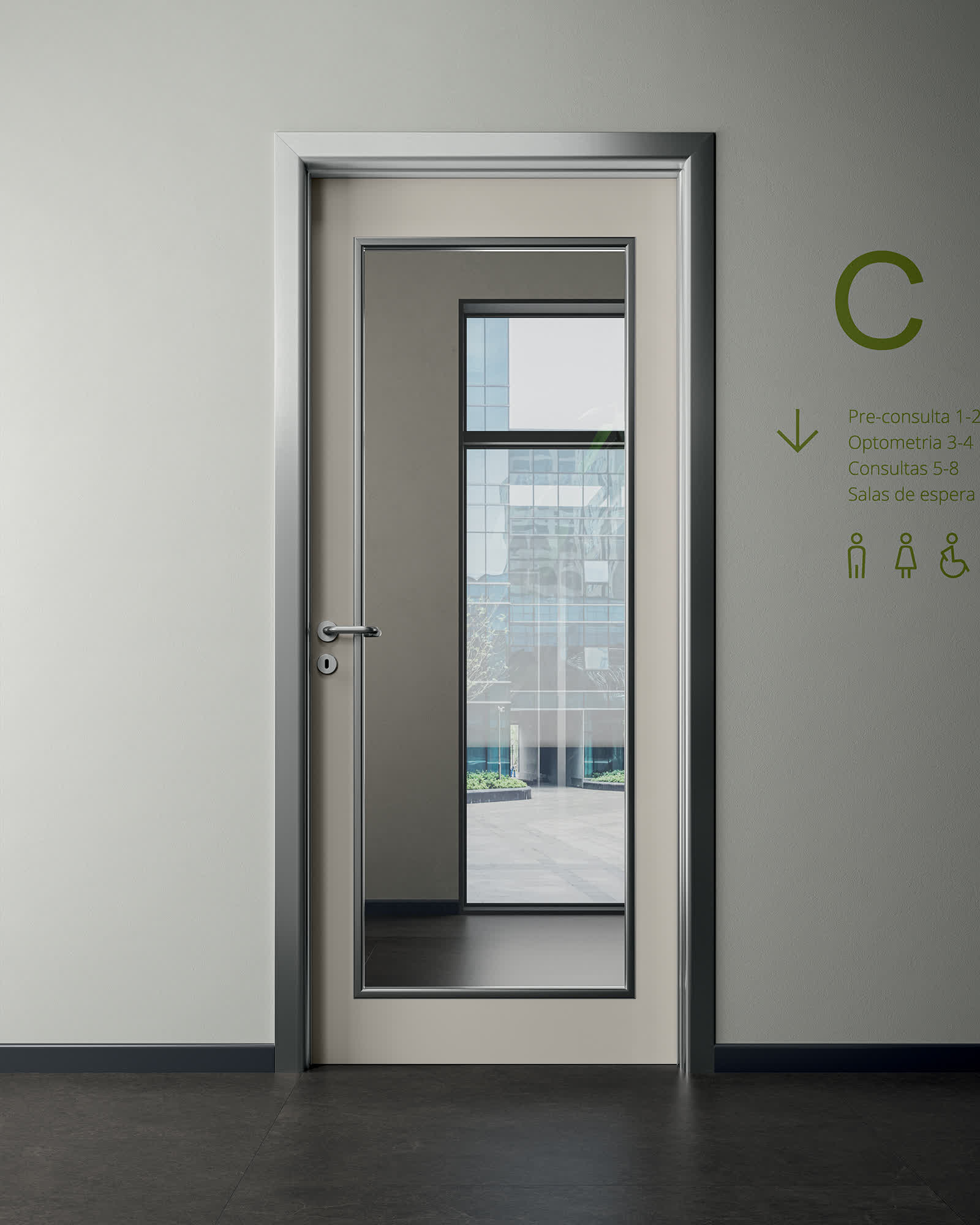 LIRIA Anta HPL Grigio Chiaro 478 con Mostrine e Telaio Alluminio Anodizzato Battiscopa RAL 7016 Maniglia Ambra finitura Inox Satinato