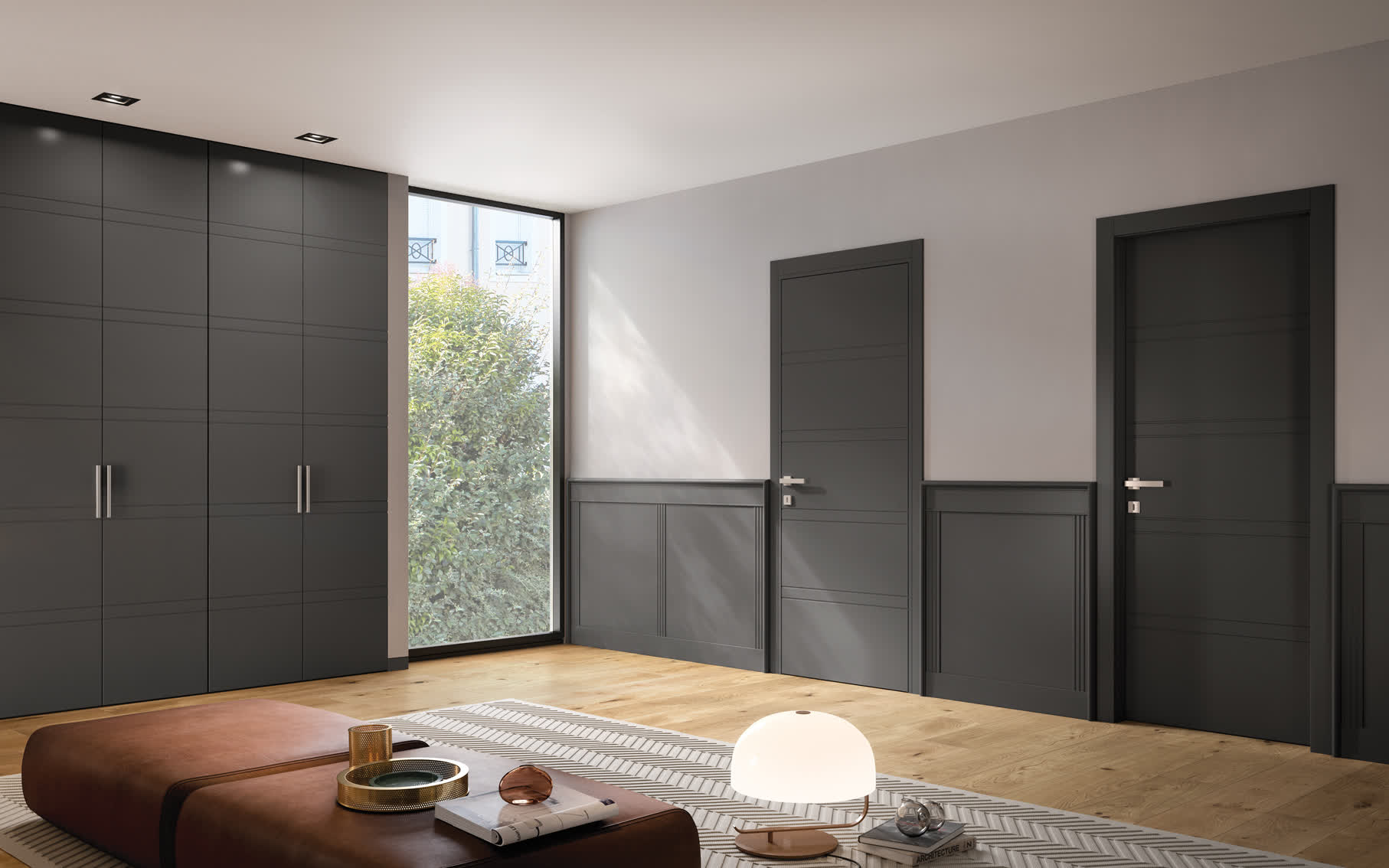 Miraquadra2R Miria Smooth Miraquadra 2R Boiserie Bassa Liscia con Lesene PARQUET LAMINATO ROVERE NATRURALE PORTE E ARMADI RAL 7022 03