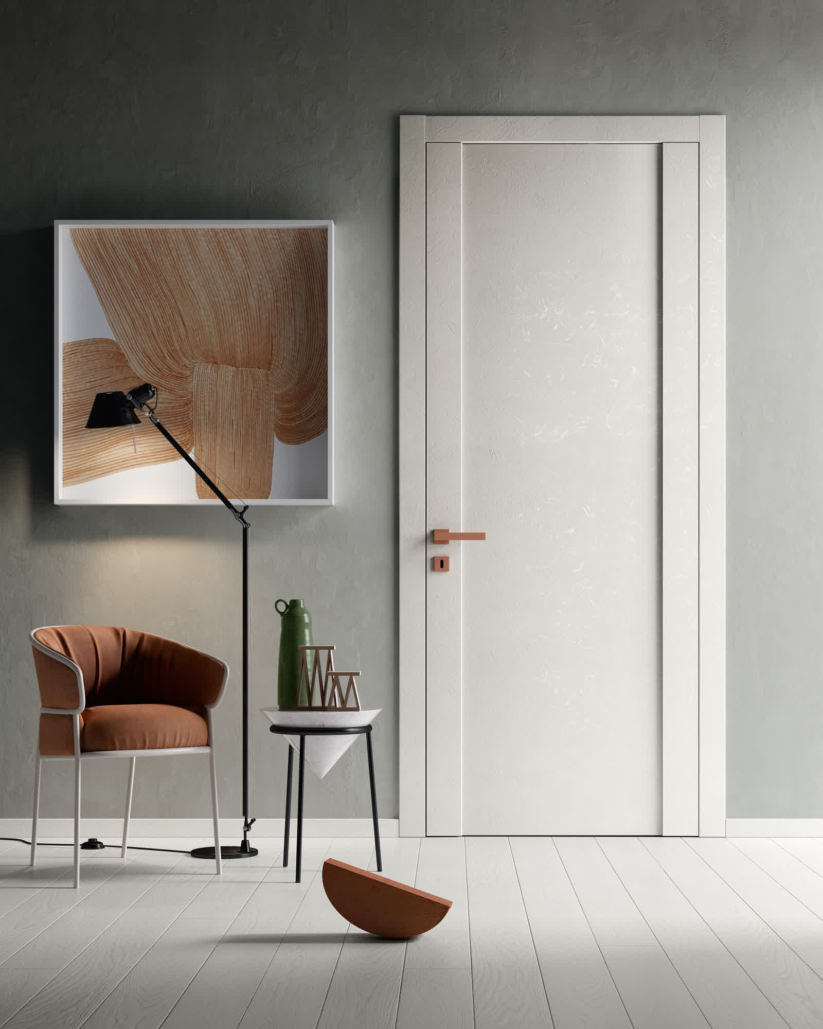 No Limits TIPIA porta con pannello in malta bianco parquet in rovere laccato bianco a poro aperto maniglia area 51 RAL 3012