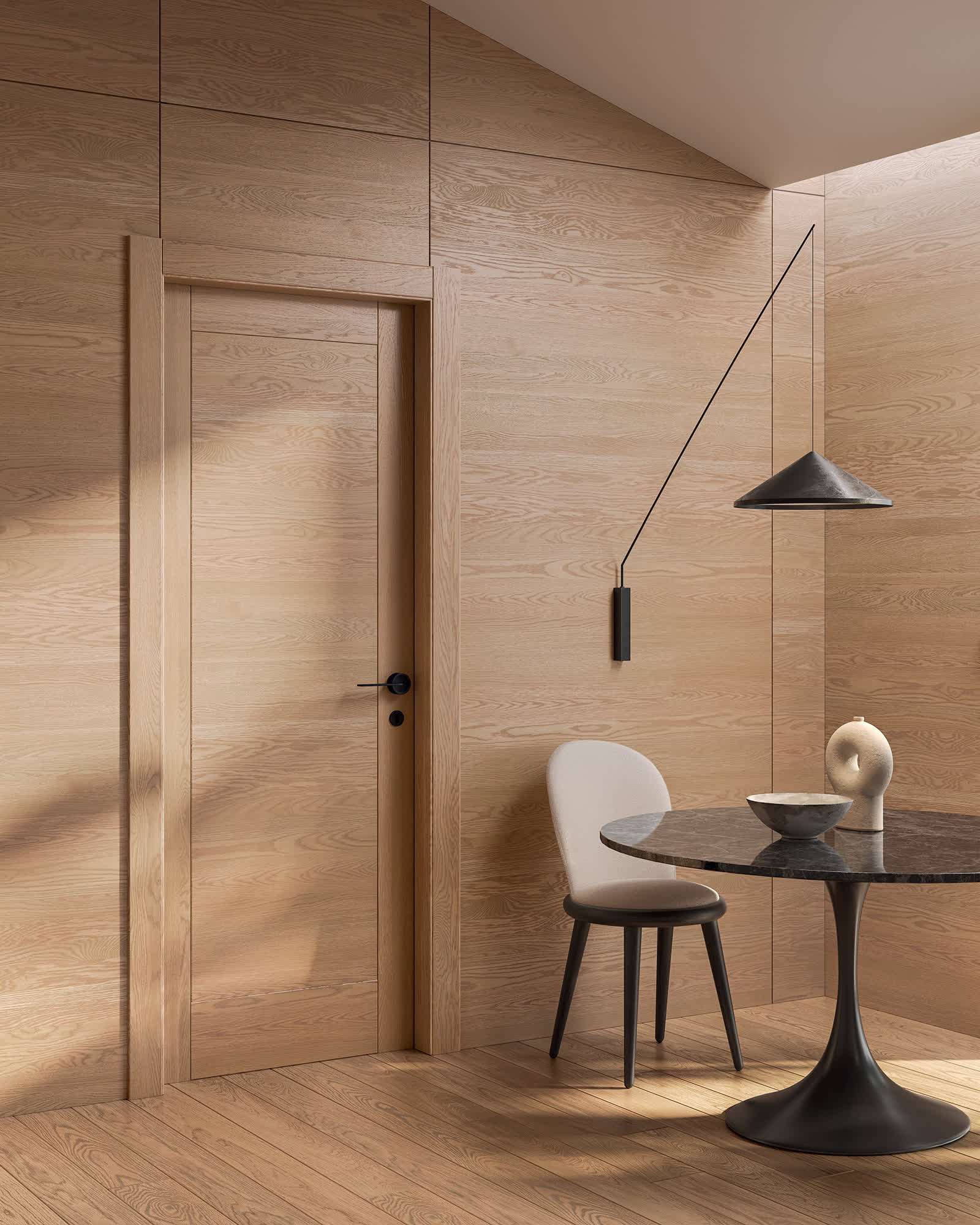 Porta battente Pangea modello Unia finitura Rovere Cipria Boiserie e Parquet Garofoli Platinum finitura Rovere Ice Maniglia Timeless Nera