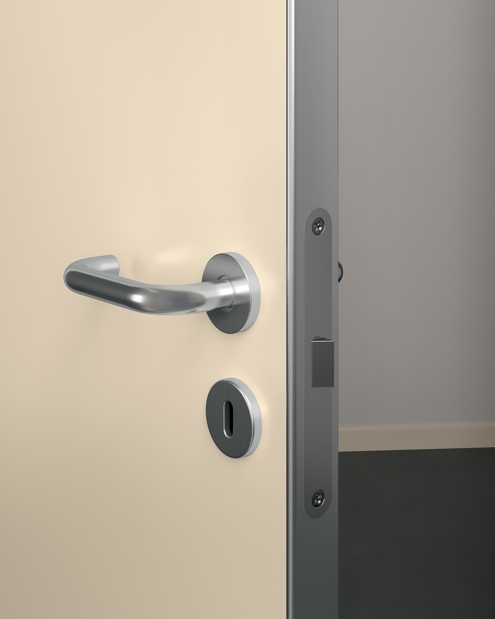 SENIA Anta HPL Sabbia 414 con Mostrine e Telaio Alluminio Anodizzato Battiscopa RAL1013 Maniglia Ambra finitura Inox Satinato p2