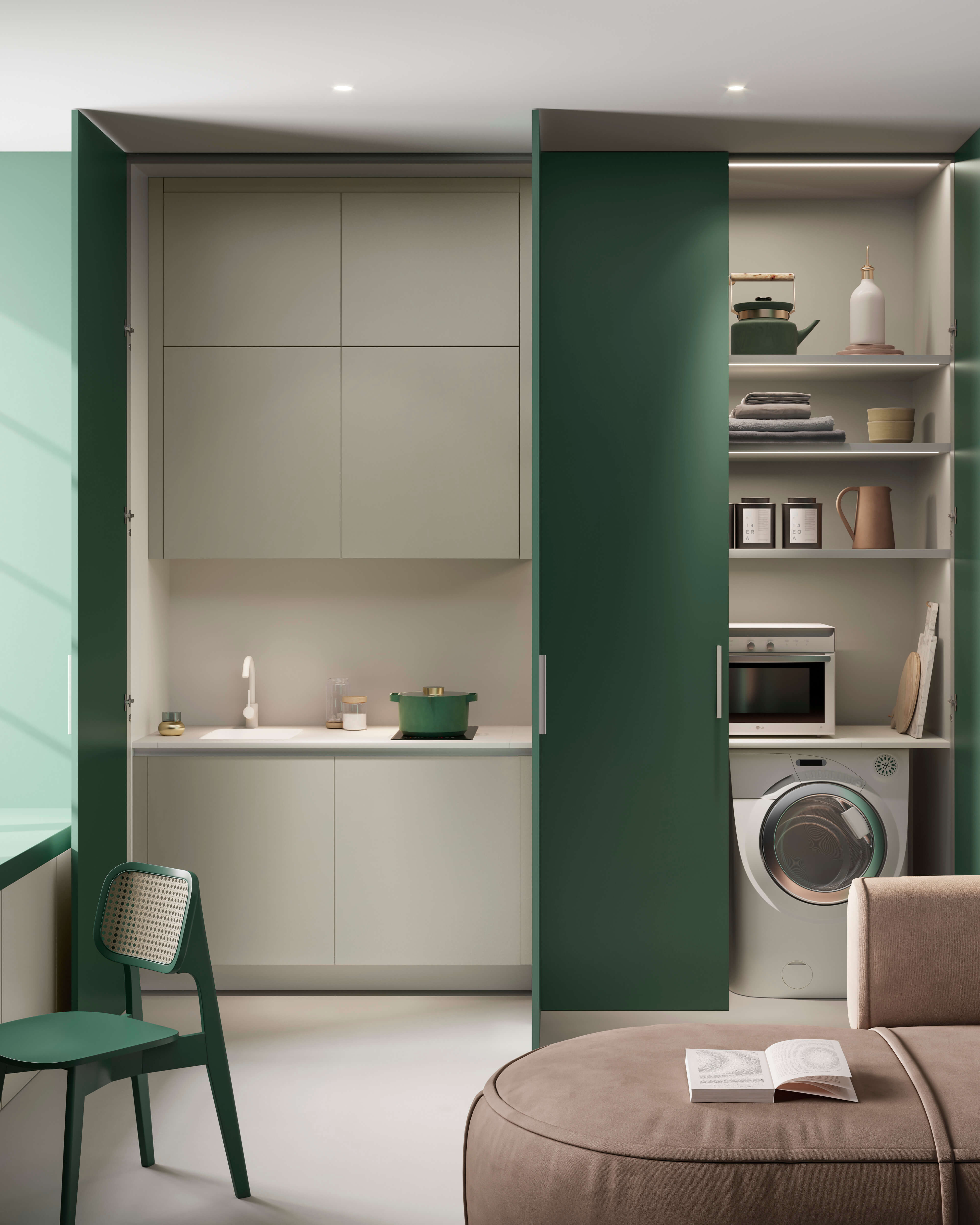 boiserie liscia e box in legno Garofoli per cucina compatta