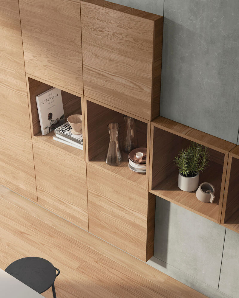 boiserie e combinazione di box quadrati in rovere Garofoli per cucina moderna 