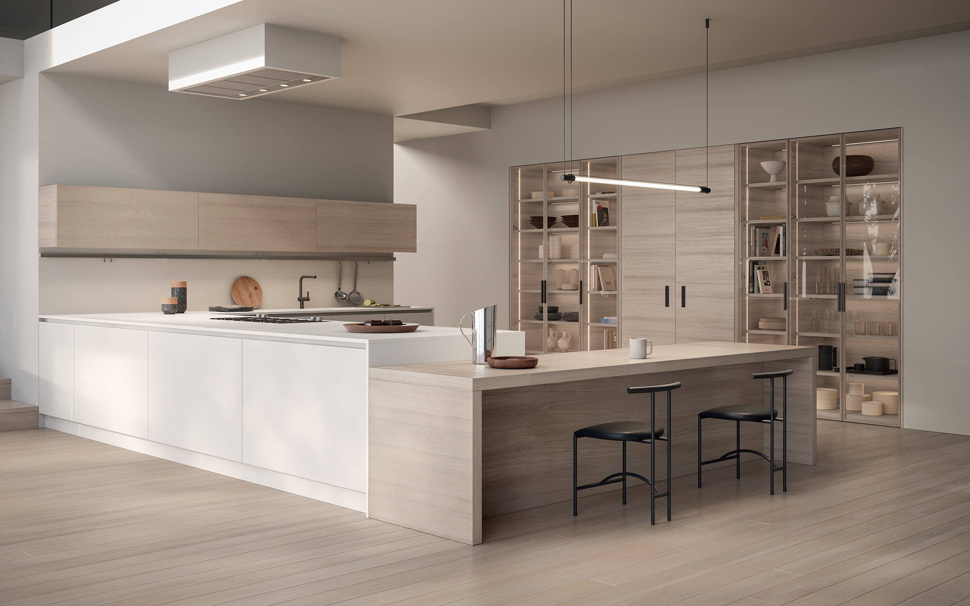 Cucina custom Garofoli con parquet Rovere Ice e armadiatura Miria