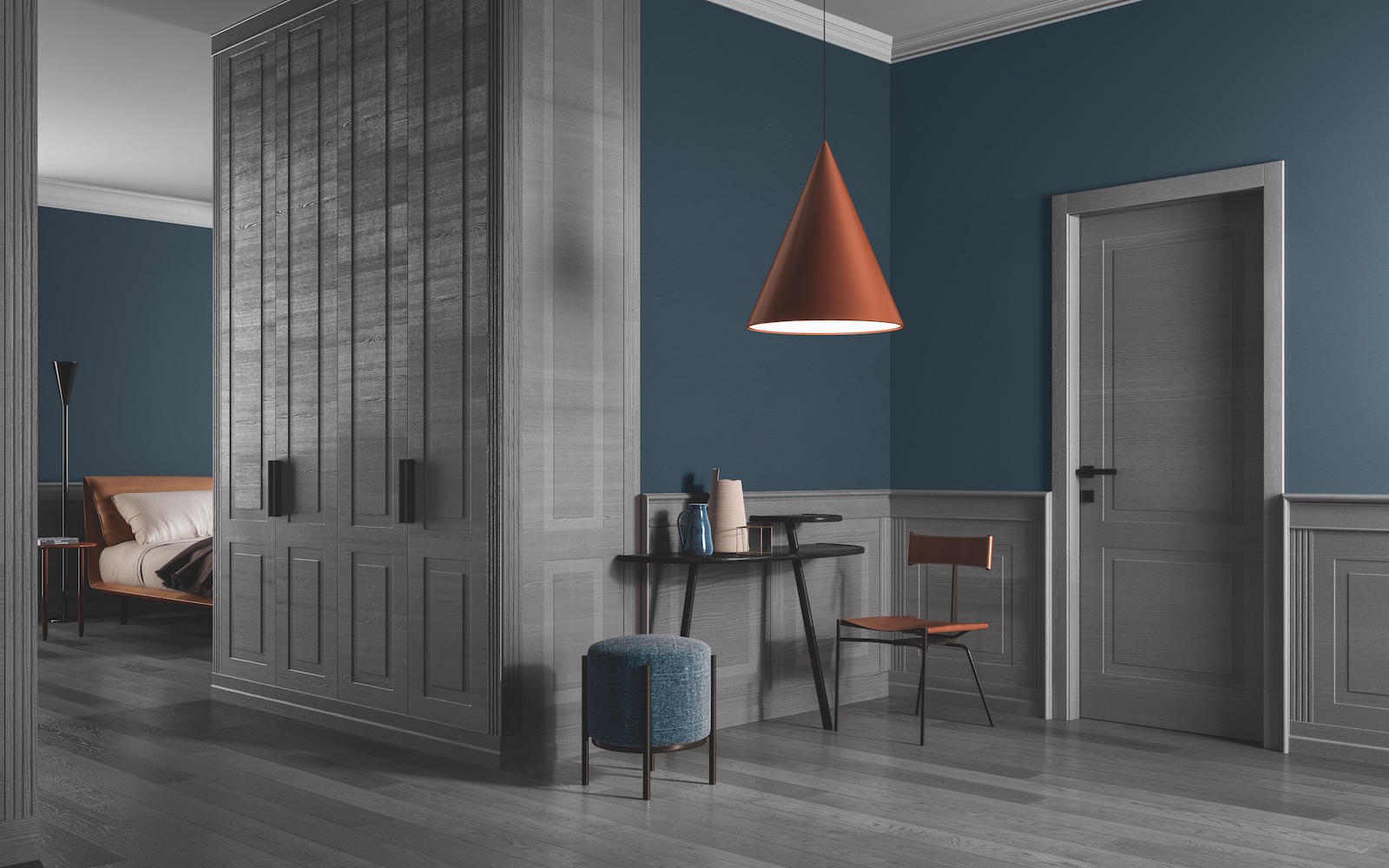 Parquet rovere pietra in un total look classico in coordinato con boiserie bugnata, armadiatura e porta.