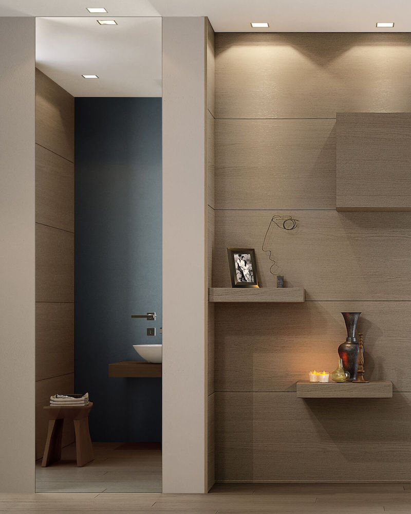 Porta in vetro trasparente Garofoli collezione Bisystem con boiserie e mensole rovere creta e parquet