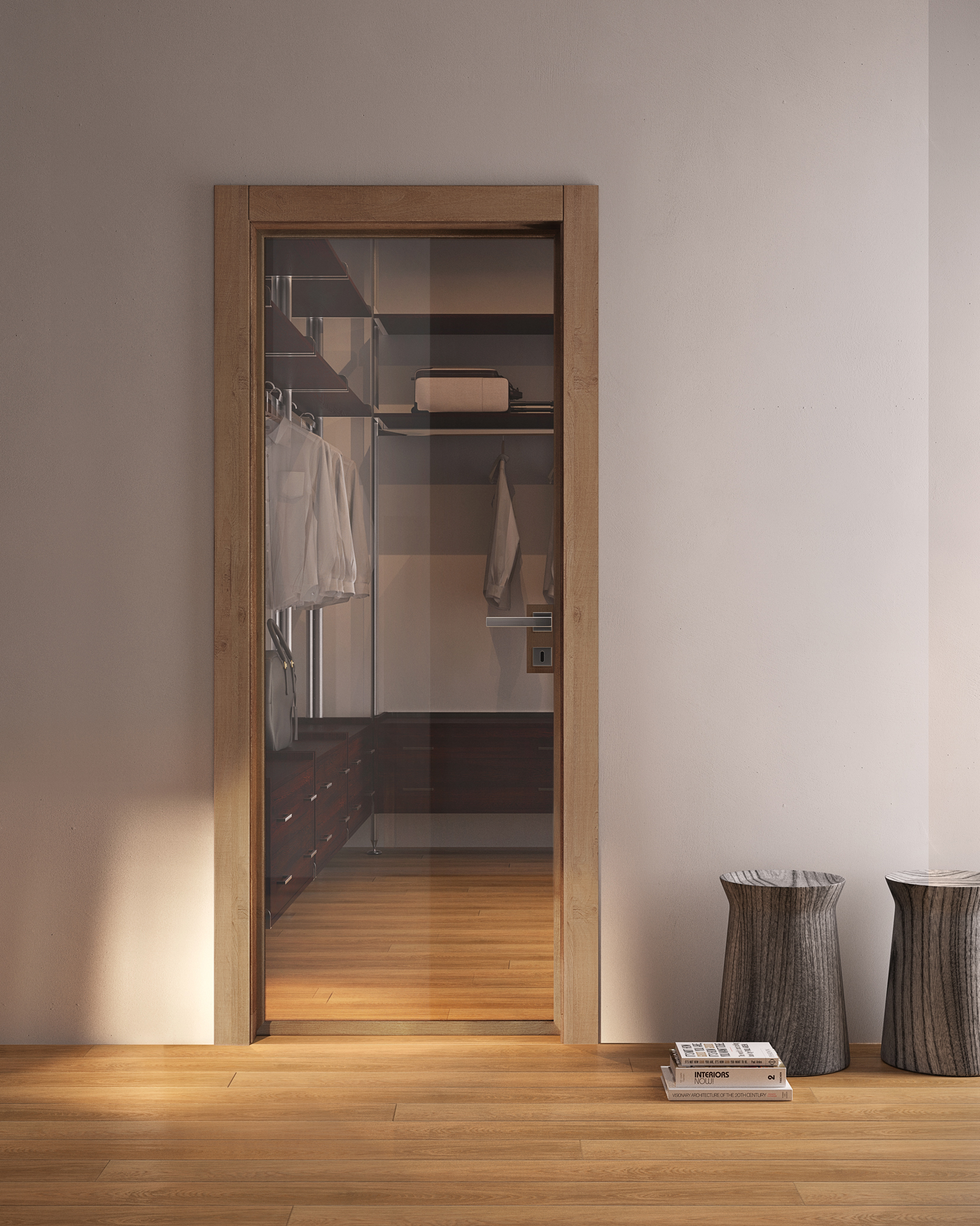 Porta in vetro Grain di Gidea, quercia naturale con parquet e cabina armadio