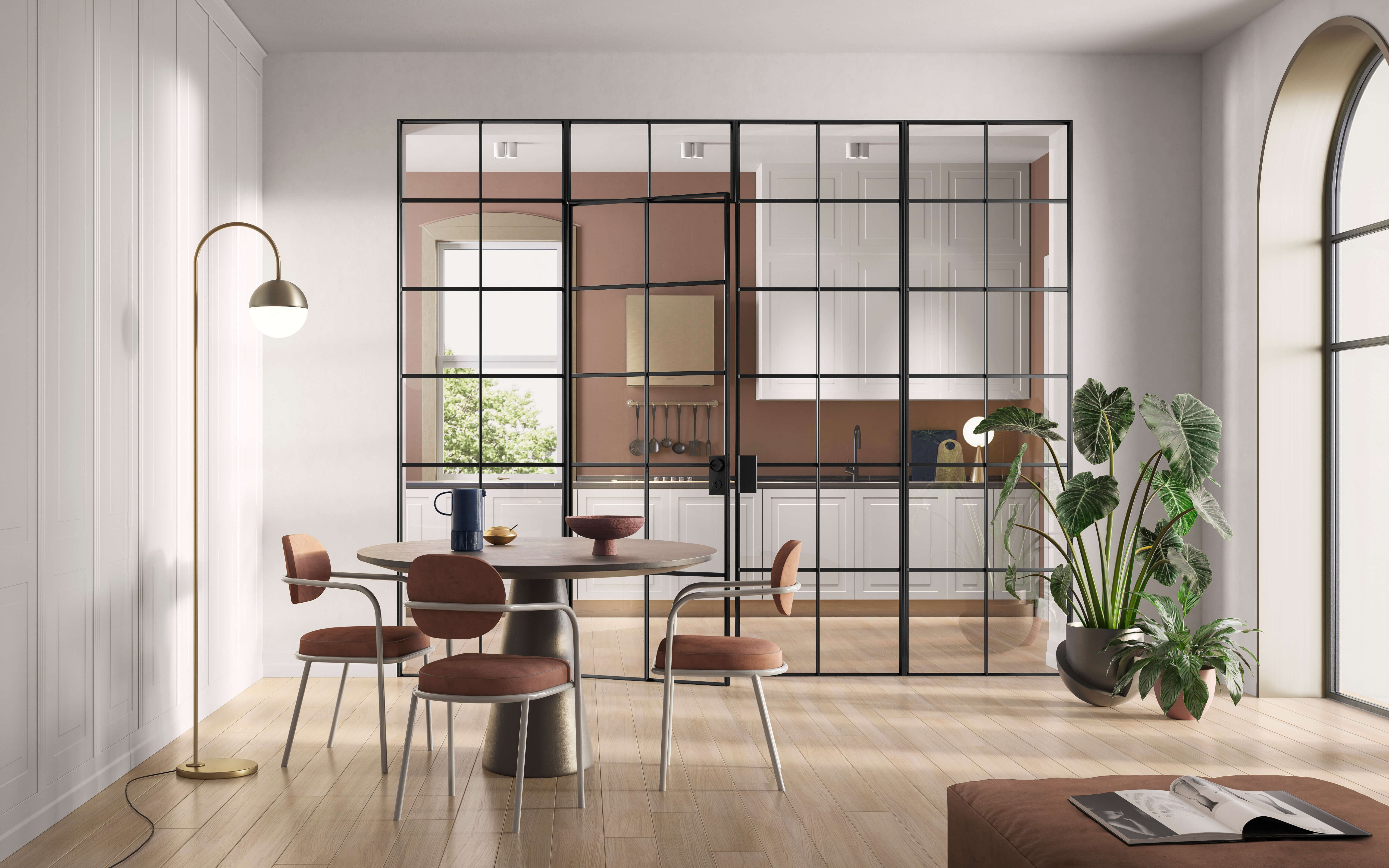 Porta in vetro stile industrial e parquet in rovere Garofoli