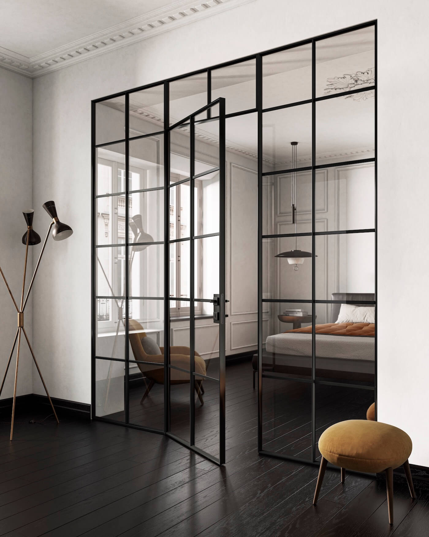 Porta in vetro e profili metallici stile industrial 