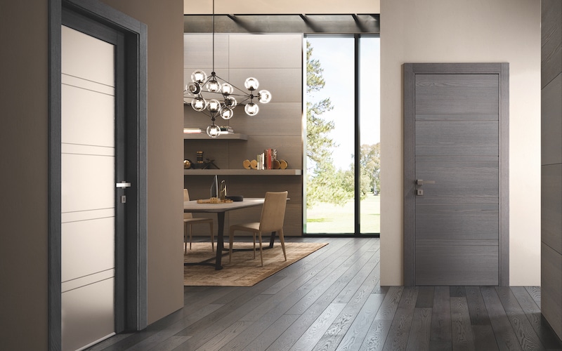 Porte da interni in legno e vetro Garofoli collezione MIRAWOOD finitura rovere pietra cucina